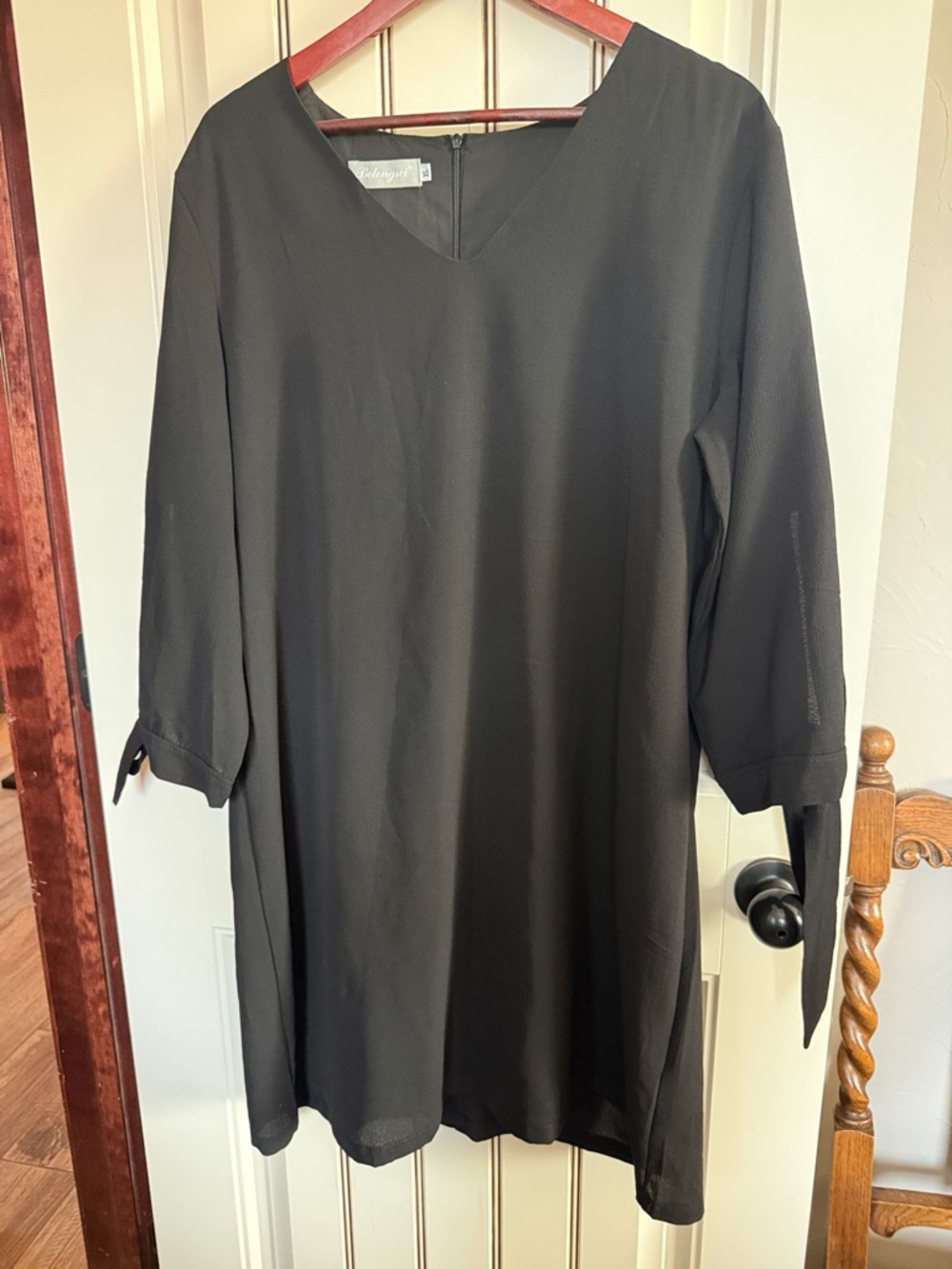 Women's Black V-Neck One Button- Dress with Tie Sleeves